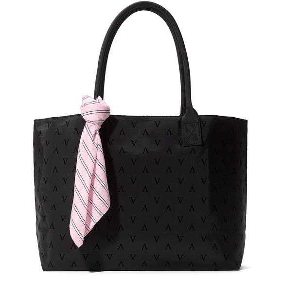 NWT Victoria's Secret Black Velvet Monogram Tote Bag & Pink Satin Striped Scarf - Picture 1 of 7